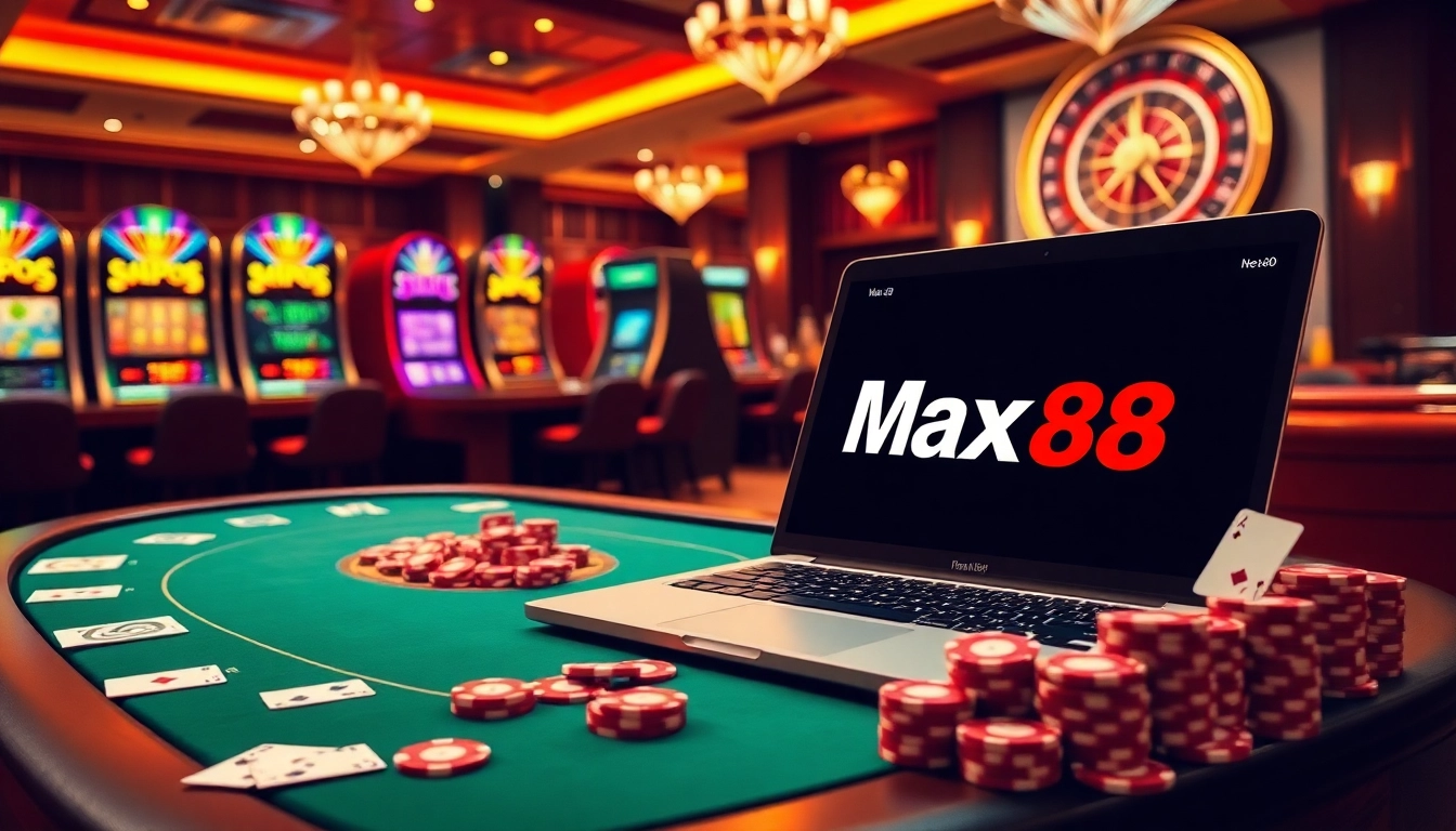 Engaging gambling scene at Max88 casino showcasing vibrant games, slots, and poker.