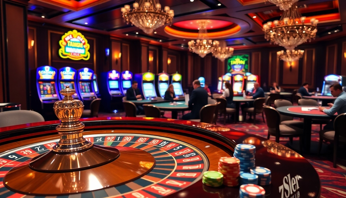 A vibrant casino atmosphere featuring the excitement of 789club with roulette and slot machines.