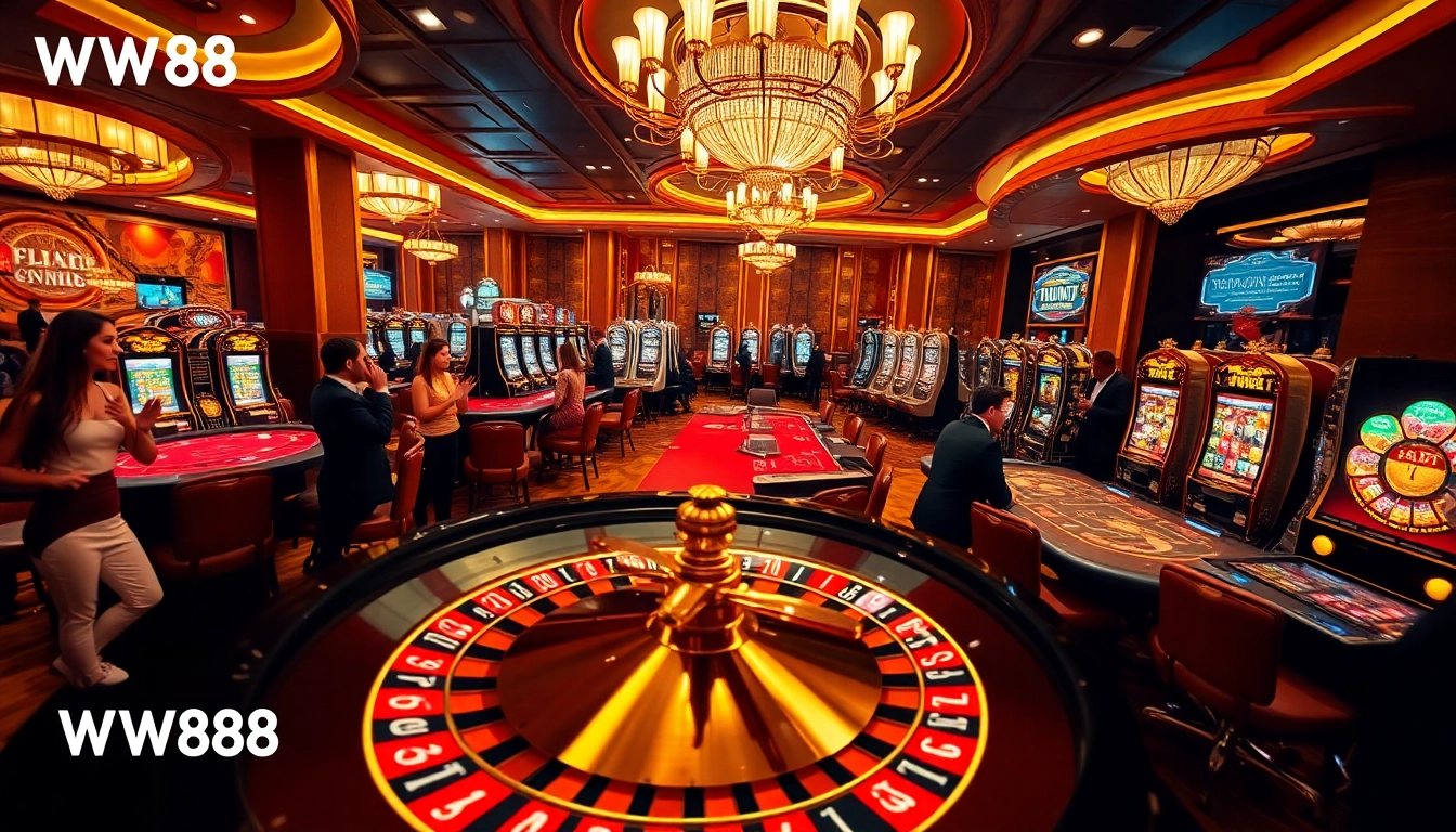 Experience vibrant casino action at http://ww88tg.com/ with players engaged at poker tables and roulette wheels.