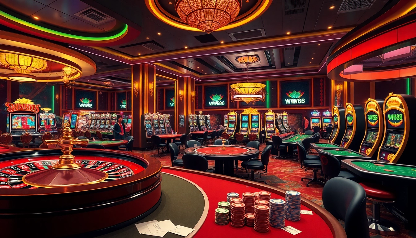 The thrilling gaming experience at http://ww88tg.com/, featuring poker tables, slot machines, and a roulette wheel in a vibrant casino.