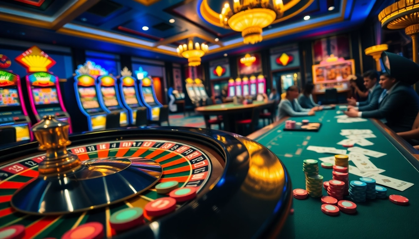 Experience thrilling gambling action at a vibrant casino featuring no hu gaming tables and slot machines.