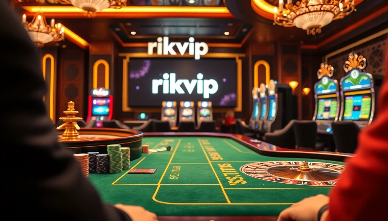Experience the excitement of gambling at rikvip with luxurious casino tables and vibrant slot machines.