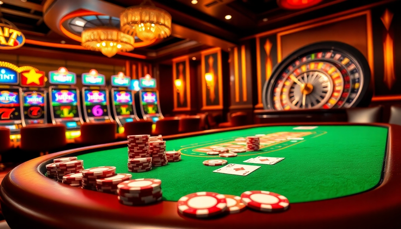 Xocdia88 players enjoying poker and slots in a vibrant casino atmosphere.