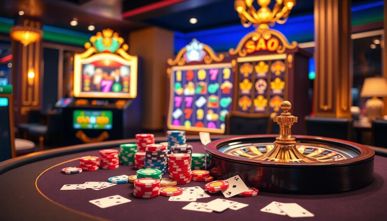 Sao789 online gambling scene with vibrant poker table, roulette wheel, and attractive slot machine
