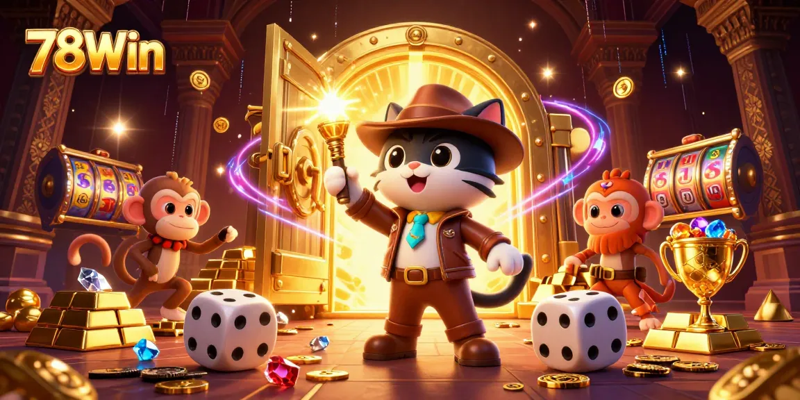 Engage with 78Win through this dynamic casino-themed illustration showcasing treasures and excitement.