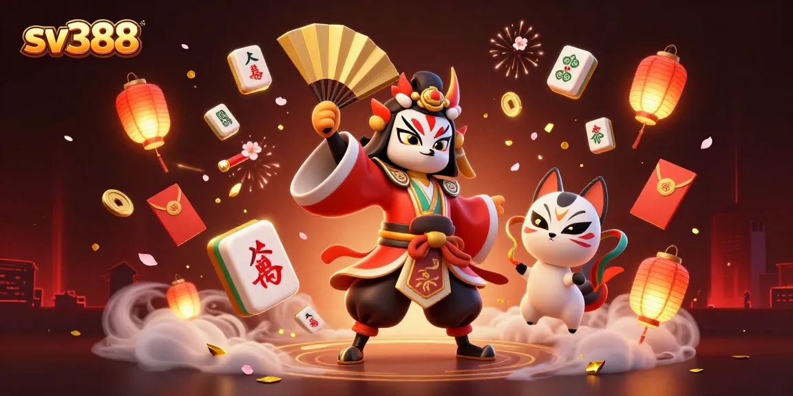 Engage in the vibrant energy of sv388 with an artistic representation of a kabuki warrior amidst lucky symbols and glowing lanterns.