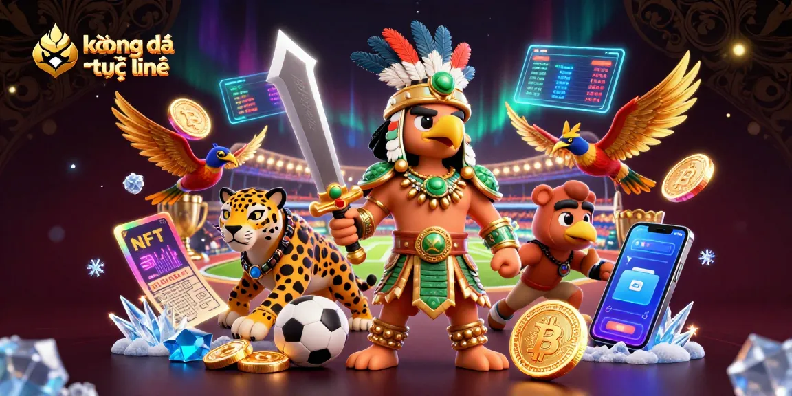 Bet on kèo bóng đá trực tuyến with Aztec warriors and dynamic sports elements in a vibrant 3D scene.
