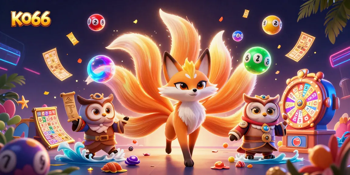 Win big at KO66 with a vibrant 3D illustration of colorful games and characters in an exciting casino atmosphere.