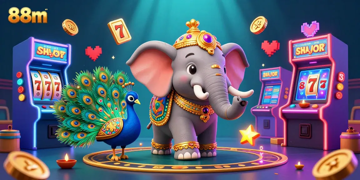 Engage with the vibrant gaming world of 88m, showcasing gambling fun with colorful slot reels and lively 3D characters.