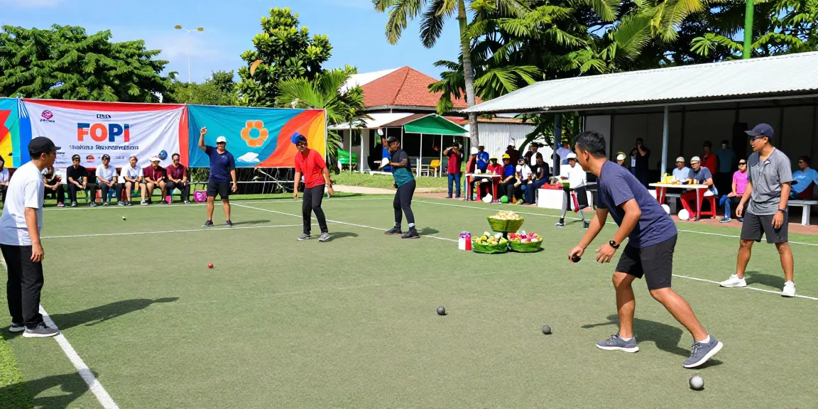 Petanque competition scene at fopikotatomohon.org, showcasing diverse players and lively community atmosphere.