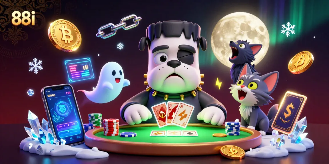Experience thrilling 88i gaming excitement with a spooky casino scene featuring engaging characters and vibrant crypto elements.