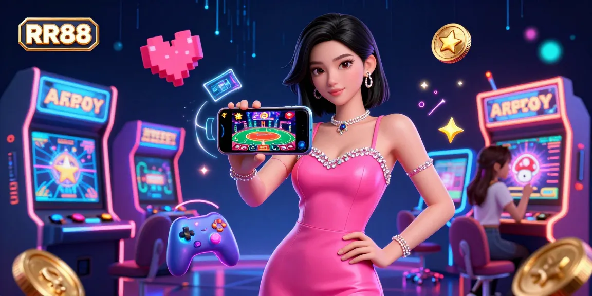 Experience the vibrant action of RR88 with an Asian casino enthusiast holding a smartphone in a packed gaming scene.