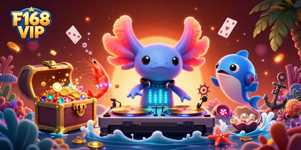 Join the fun at F168 VIP with an engaging underwater party featuring vibrant characters and casino elements!