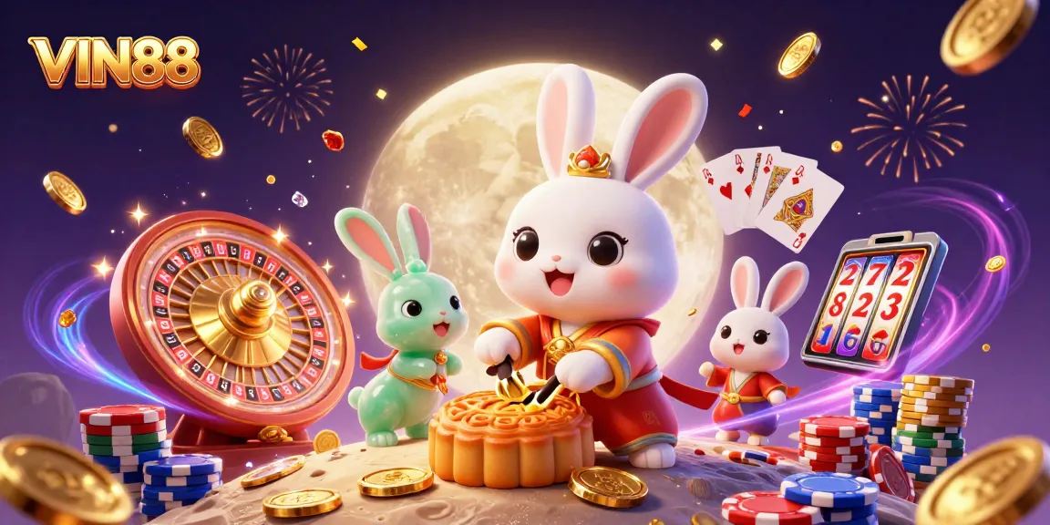Experience the thrill of VIN88 as animated characters celebrate with casino elements on the moon.