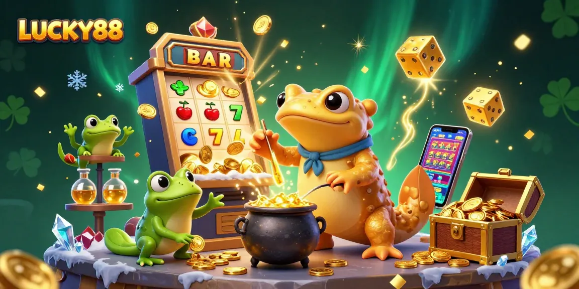 LUCKY88 captures golden coins bursting from slot machines in a vibrant casino scene
