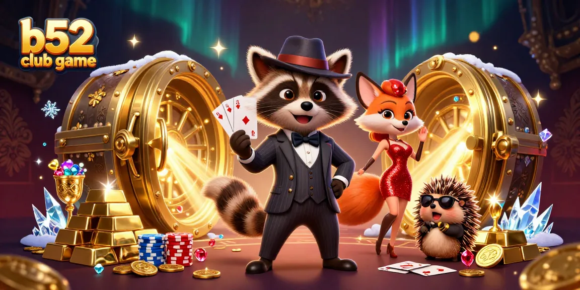 Experience the thrill of the b52 club game with stylish characters amidst gold and poker excitement.