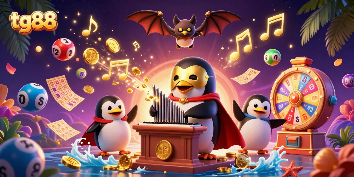 Tg88 penguin organist shoots coins in a lively casino scene with vibrant lottery games.