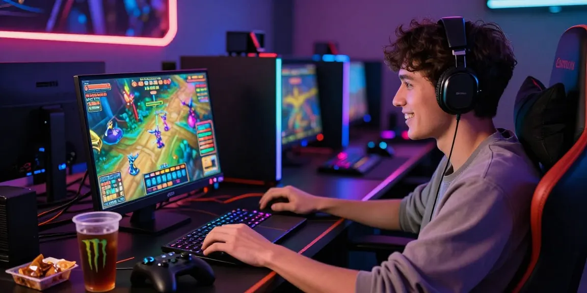 Pengguna Super59 login dengan laptop gaming di latar belakang yang cerah dan penuh warna.