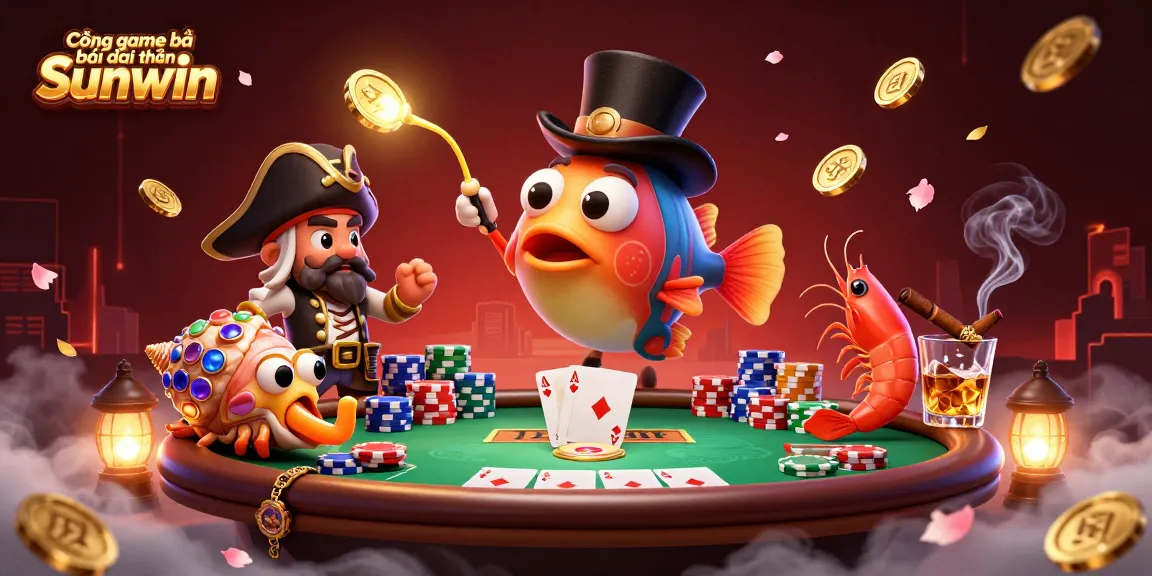 Cổng game bài đổi thưởng Sunwin features a 3D anglerfish attracting coins with its glow, amid a lively poker scene.