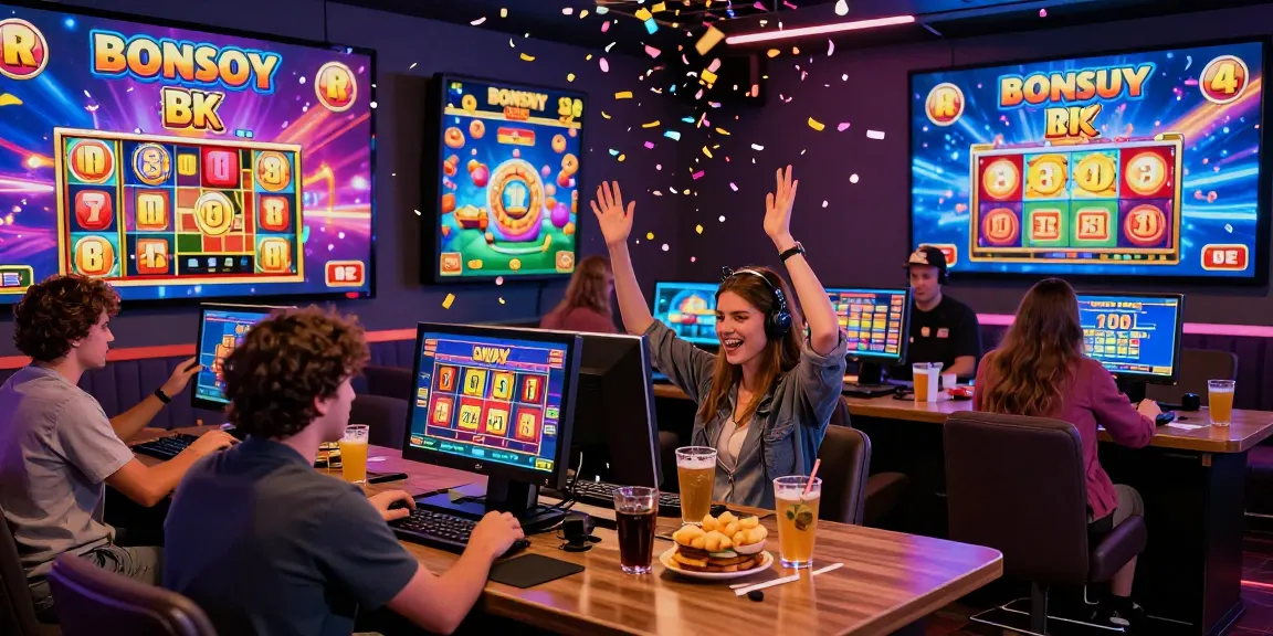Celebration of big wins at crownnorthill.co.uk with friends enjoying Bonus Buy slots together in a vibrant casino atmosphere.